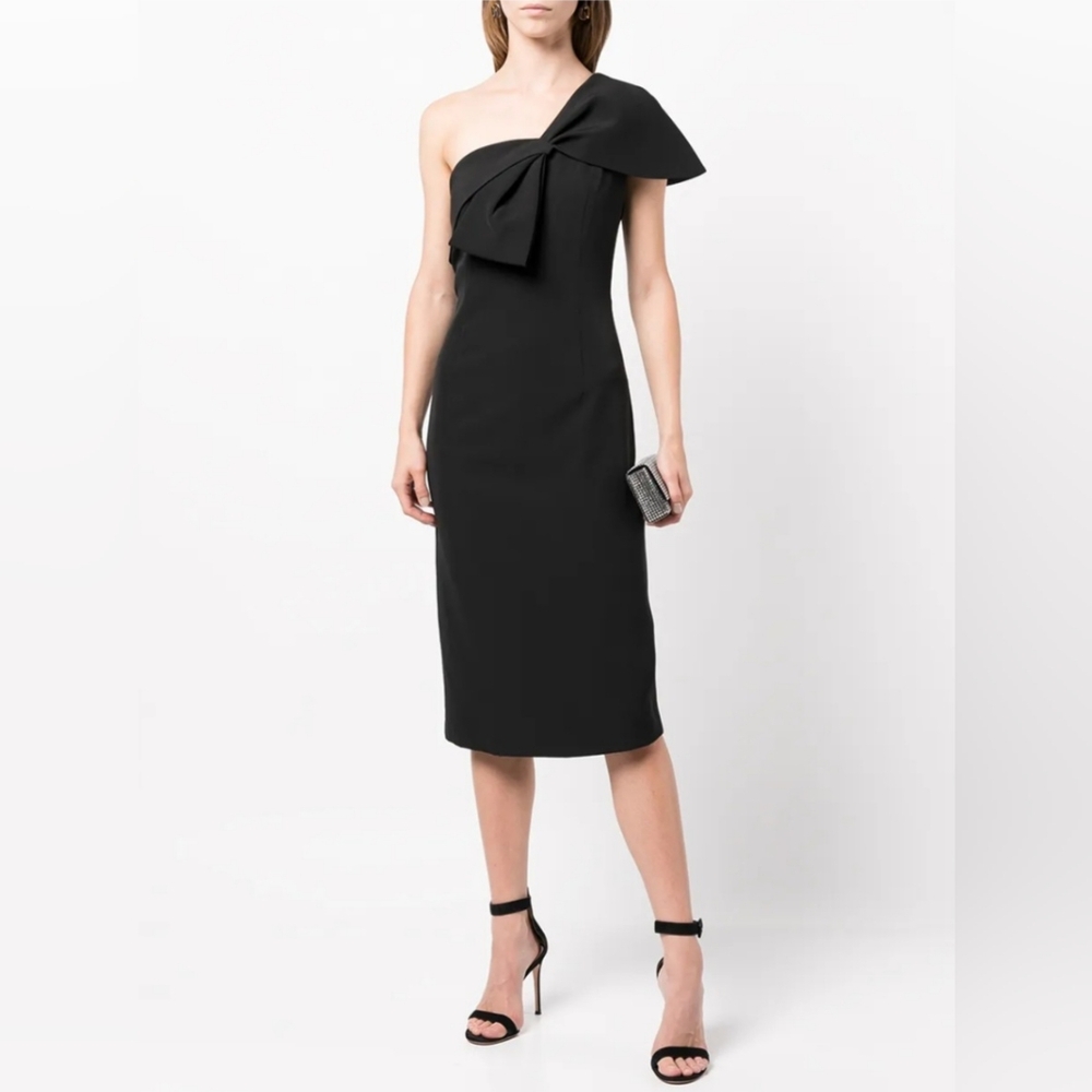 SACHIN & BABI Sandra Black Asymmetrical Fitted Bow One-Shoulder Midi Dress 2